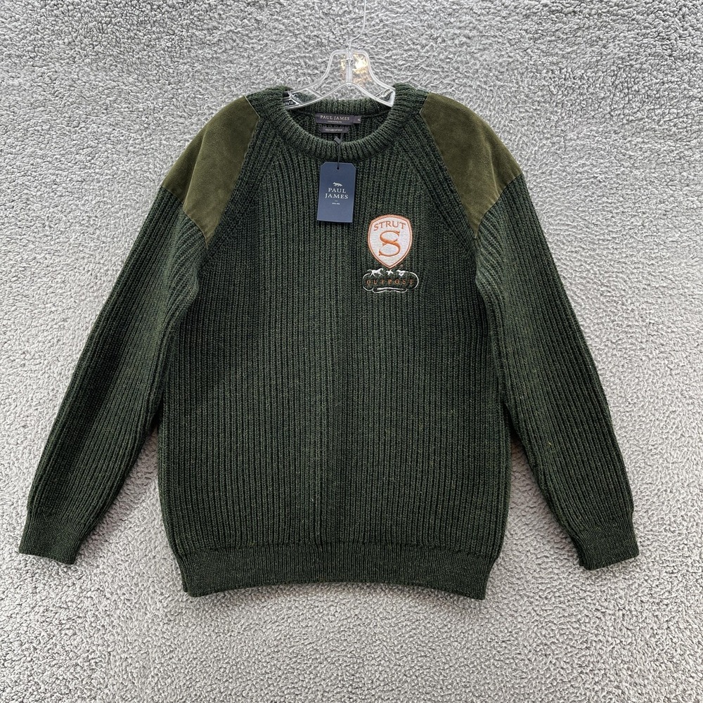 Paul James Sweater Mens XL Green British Wool Suede Patch Strut Outpost SD Logo